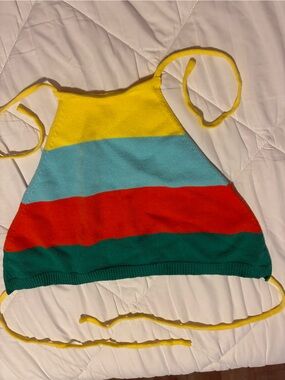 Lumiere Striped Crop Halter Top - Yellow/Light Blue/Red/Green